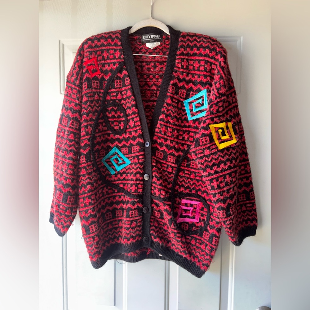 Kitty Hawk vintage 80’s appliqué fuzzy cardigan size L